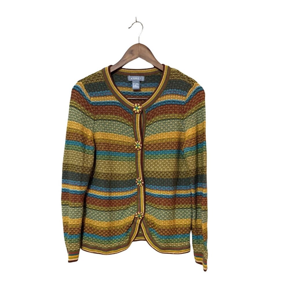 Koret Multicolor Button-Up Knit Cardigan Sweater With Striped Pattern & Decorati